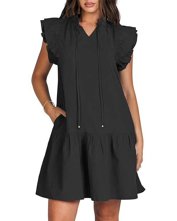 ANRABESS Womens Summer V-Neck Drawstring Ruffle Cap Short Sleeve Casual Shift Mini Dress with Poc... | Amazon (US)