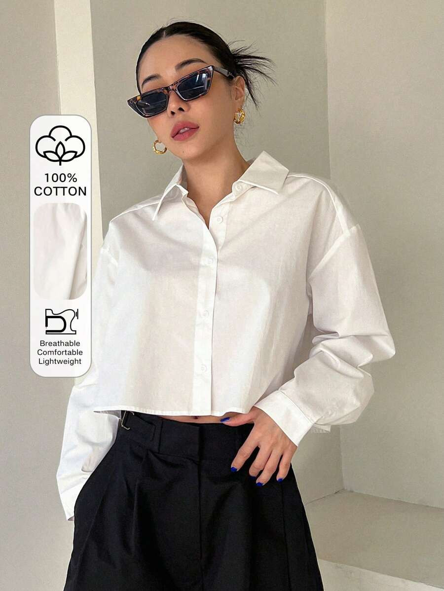 DAZY Solid Drop Shoulder Shirt,Fall Women Clothes | SHEIN