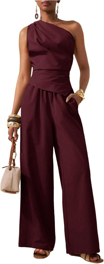 Women's 2 Piece Cocktail Party Outfits Elegant One Shoulder Ruched Top and Wide Leg Pants Matchin... | Amazon (US)