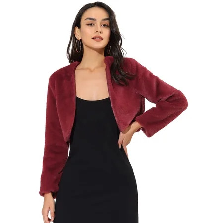 Allegra K Women s Cropped Open Front Jacket Collarless Long Sleeve Faux Fur Coat X-Large Wine Red | Walmart (US)