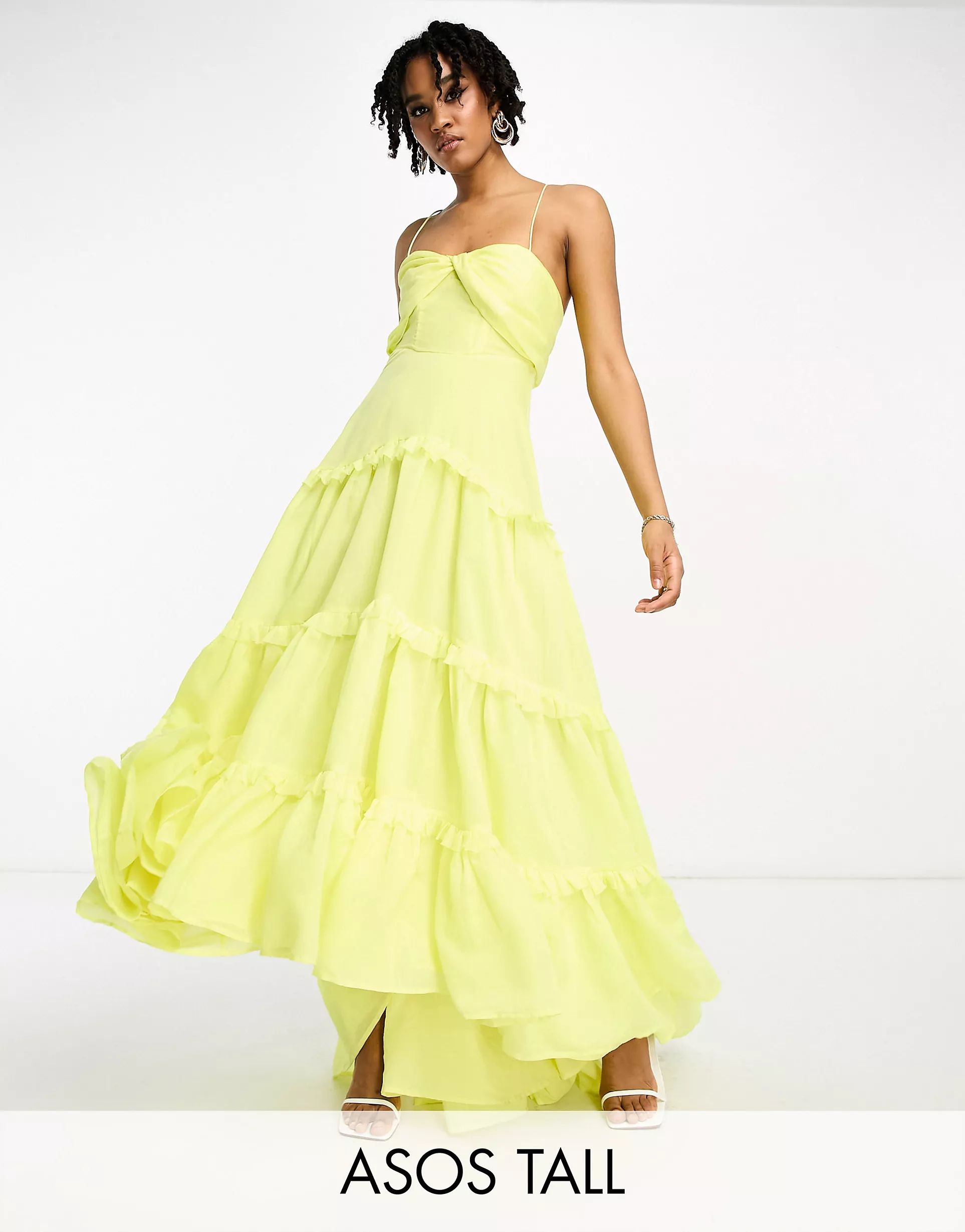 ASOS DESIGN Tall twist front tiered babydoll voile maxi dress with frills and hi low hem in yello... | ASOS (Global)