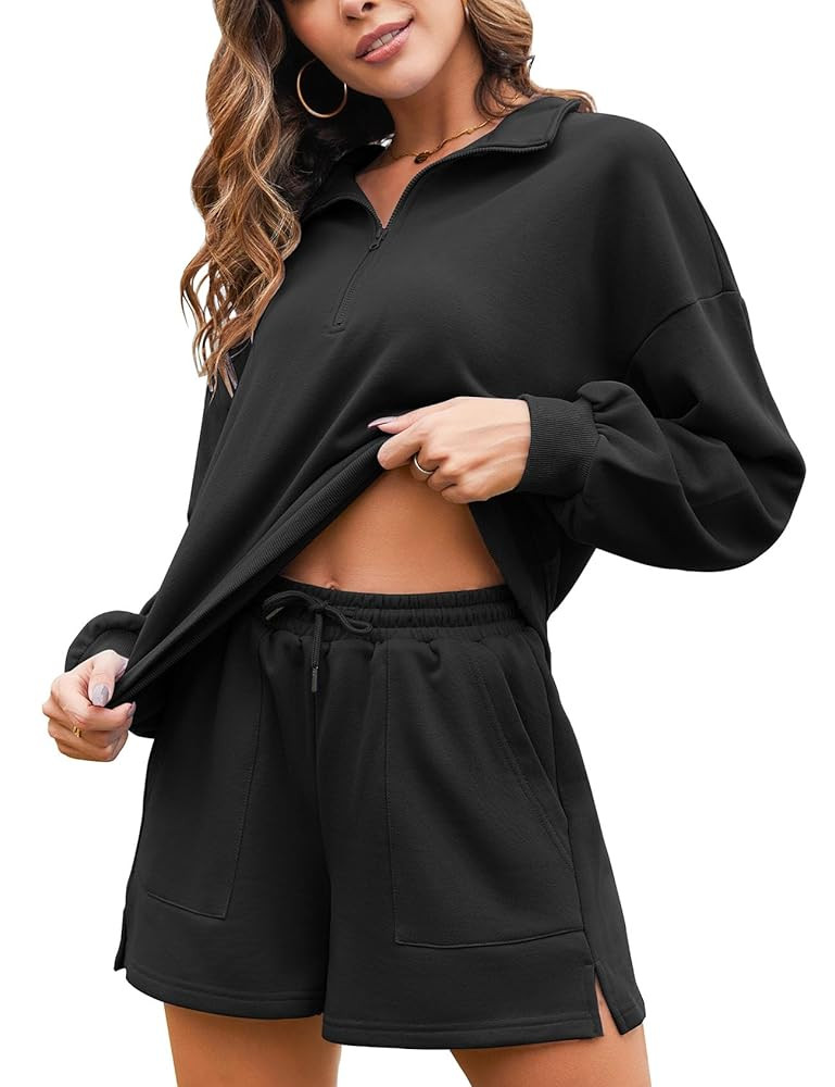 Flygo Women's Cotton 2 Piece Outfits Sweatsuit Lounge Sets Half Zip Crop Top and High Waisted Sho... | Amazon (US)