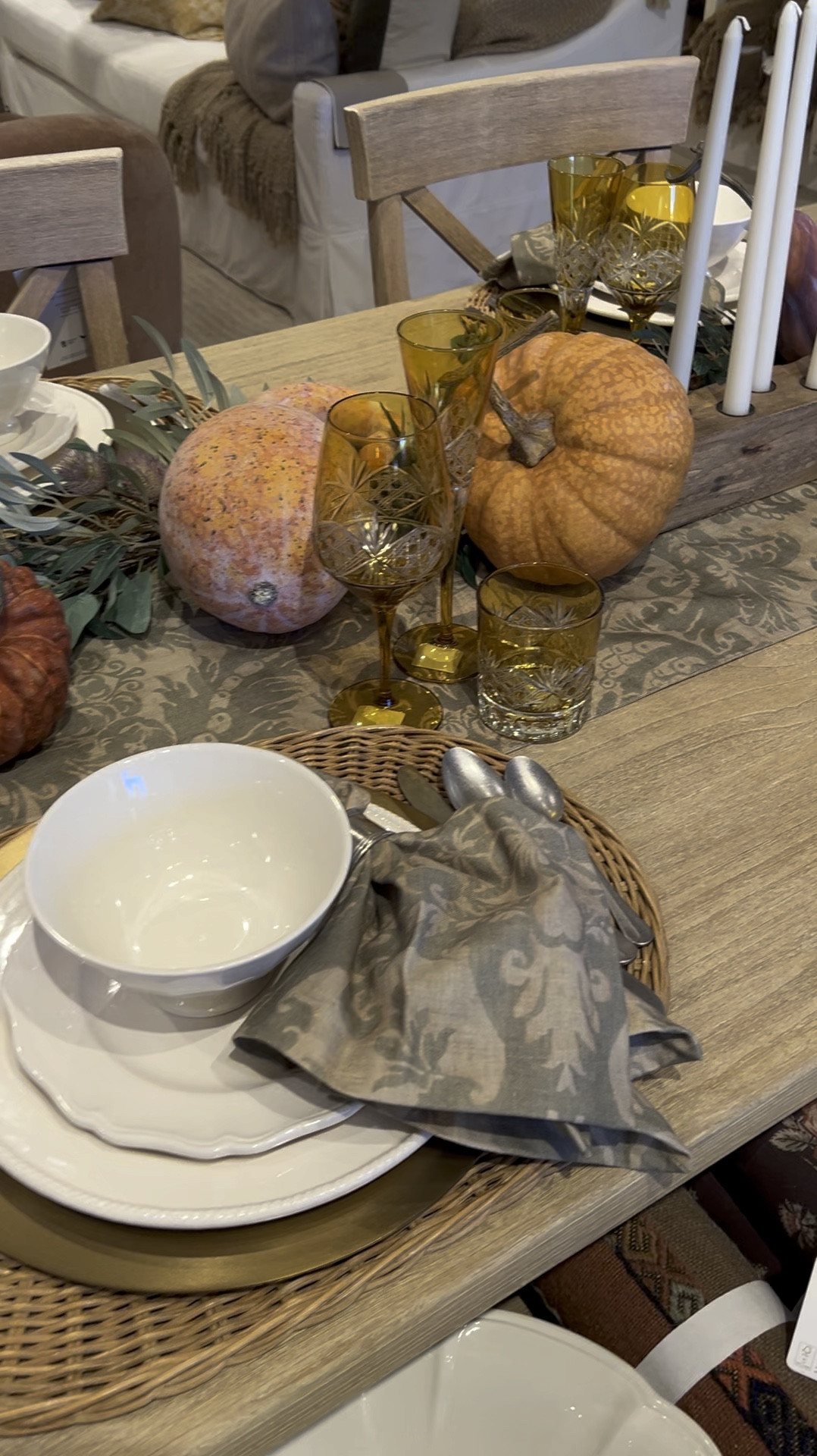 Pottery Barn fall decor dining table. Fall dishes, fall glasses, pumpkin decor and more to create a cozy table for the season. 

#LTKHome #LTKSeasonal