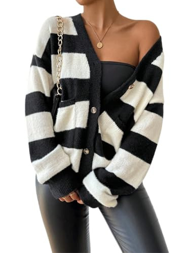 Button Up Cardigans for Women Chunky Knit Striped Long Sleeve Cardigan with Pockets Dressy Casual | Amazon (US)