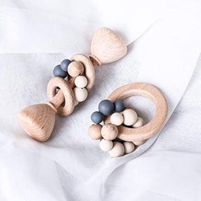 Promise Babe 2pc Teething Firming Wooden Handbell Rattle Soft Sound Wood Ring Silicone Beads Teet... | Amazon (US)