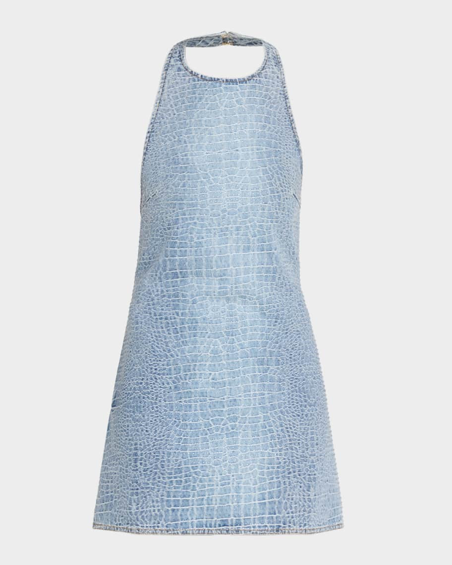 Rhinestone Croc-Effect Denim Mini Dress | Neiman Marcus