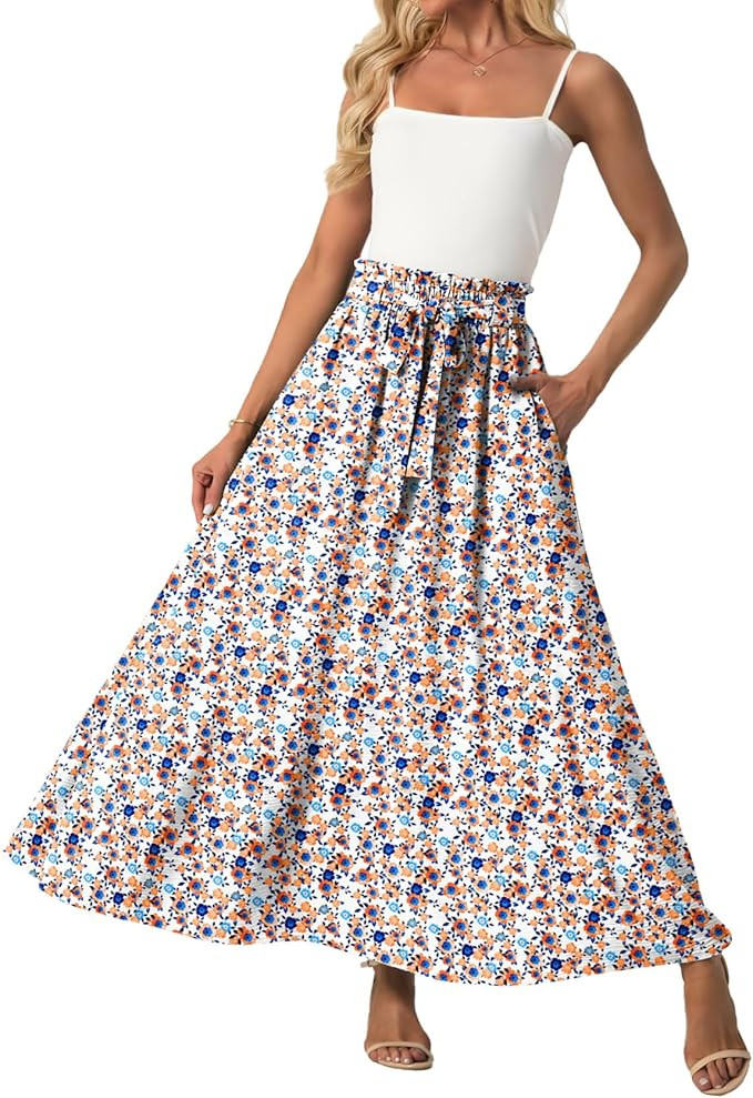Lepunuo Women Flowy Maxi Skirts Paper Bag High Waisted Long Skirts with Pockets Summer Casual Tie... | Amazon (US)