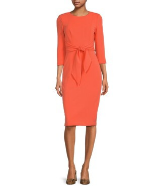 Stretch Crepe Crew Neck Tie Waist 3/4 Sleeve Midi Sheath Dress | Dillard's