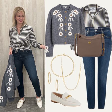 Casual, but thoughtful everyday outfit mixing floral embroidery (cardigan) and stripes on a button down with a cropped slim straight jean in a perfect medium wash. Ivory loafers with gold details and a deep taupe shoulder bag finish the look

#LTKstyletip #LTKover40 #LTKshoecrush