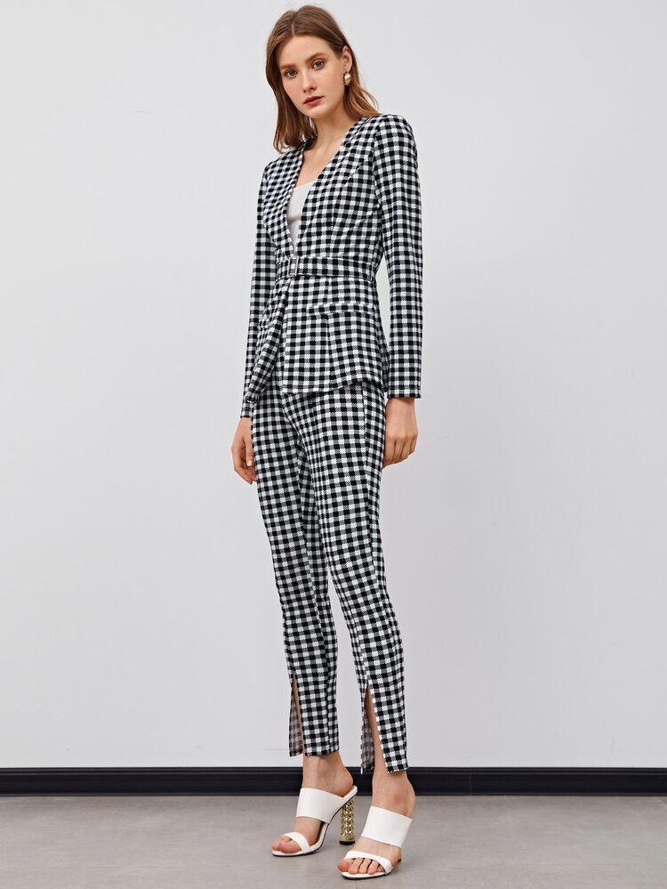 SHEIN Buffalo Plaid Belted Blazer & Split Hem Pants Set | SHEIN