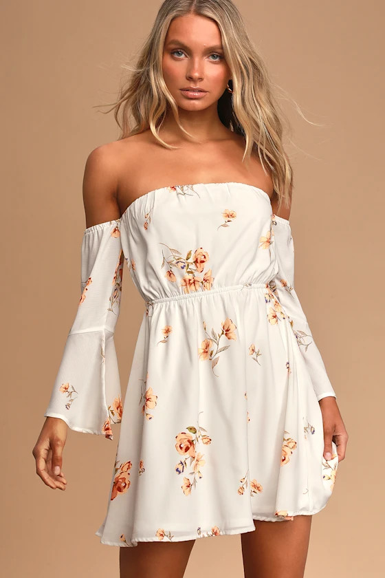Lush Gardens Ivory Floral Print Off-The-Shoulder Mini Dress | Lulus (US)