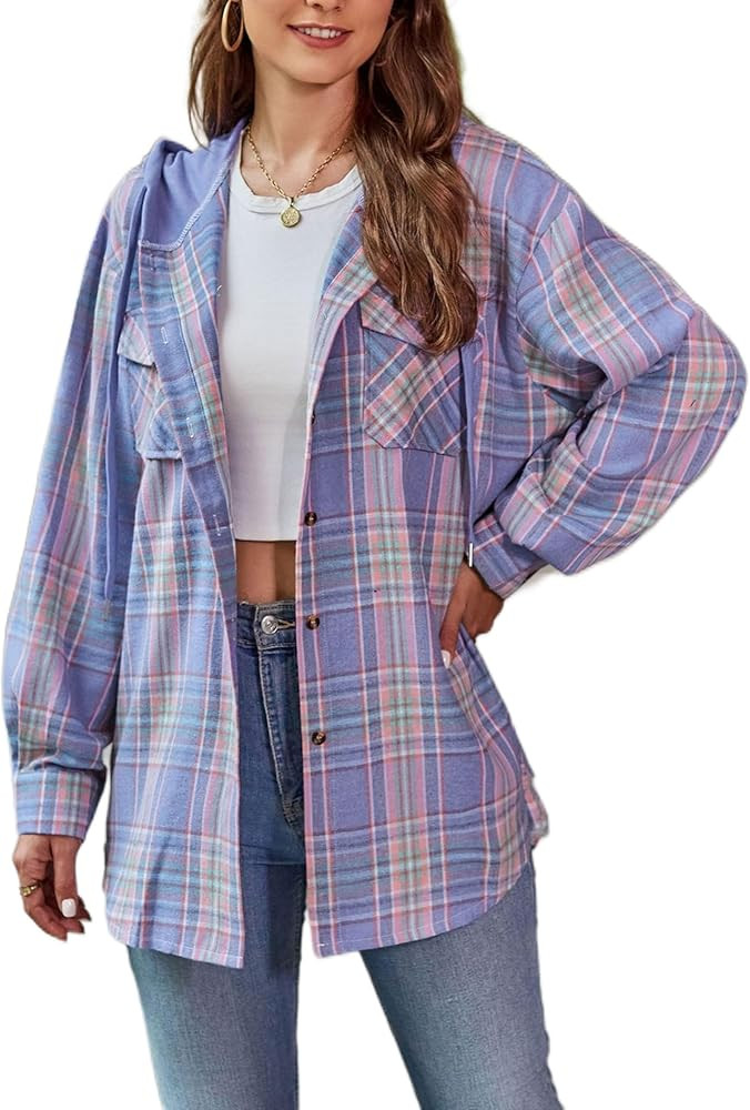 Mingzhu Womens Casual Hooded Flannel Plaid Shirts Button Down Hoodie Shacket with Pockets | Amazon (US)