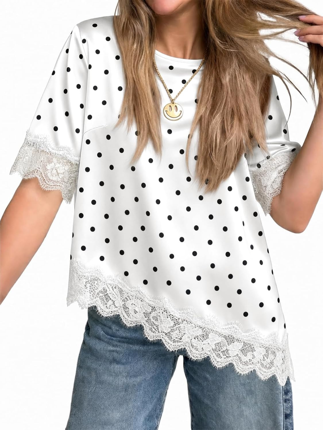 Tankaneo Womens Satin Silk Blouse Short Sleeve Lace Top Asymmetrical Shirts | Amazon (US)