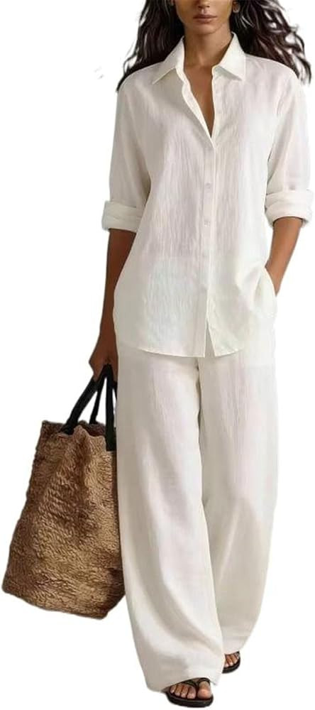 Women's Cotton Linen Long Sleeve Shirt and Wide Leg Trousers Set, Breathable Workwear Outfit | Amazon (US)