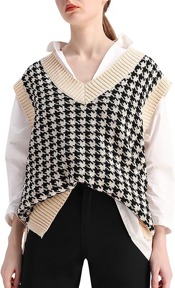 MISSACTIVER Women Houndstooth Knitted Sweater Vest V Neck Casual Loose Oversized Vintage Pullover... | Amazon (US)