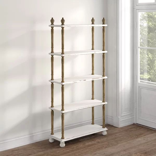 Elodie White Wood Distressed Open 5 Shelf Shelving Unit with Brown Spindle Sides and Ball Feet | Wayfair North America