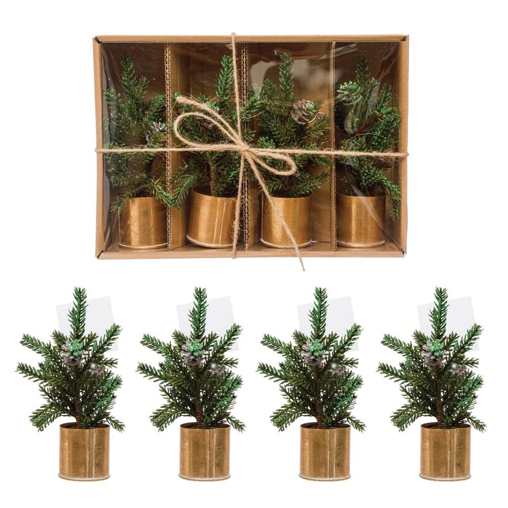 Faux Pine Tree Place Card Holders in Gold Finish Pot, Boxed Set of 4 | Burke Decor