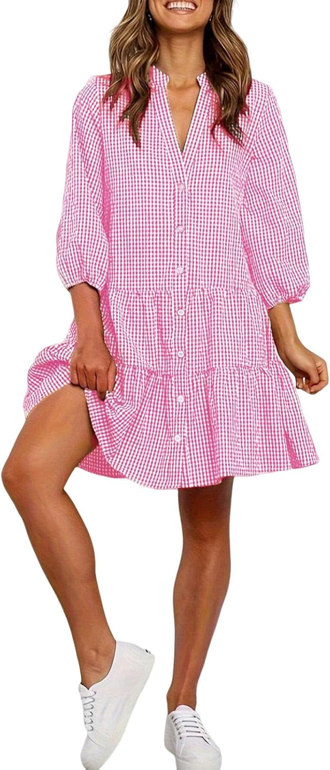 utcoco Women's 2026 Spring Summer Plaid Shirt Dress 3/4 Puff Sleeve Button Down Loose Casual Midi Dress with Pockets | Amazon (US)