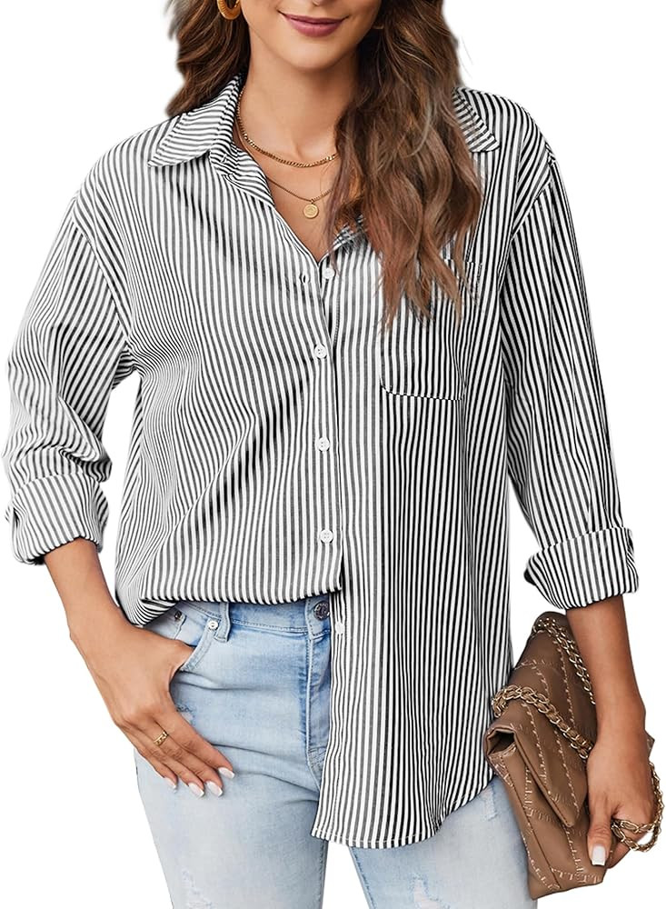 Womens Button Down Shirt Striped Collared Office Long Sleeve Work Blouses Tops Business Casual To... | Amazon (US)