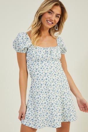 Winsley Floral Mini Dress in White & Blue | Altar'd State | Altar'd State