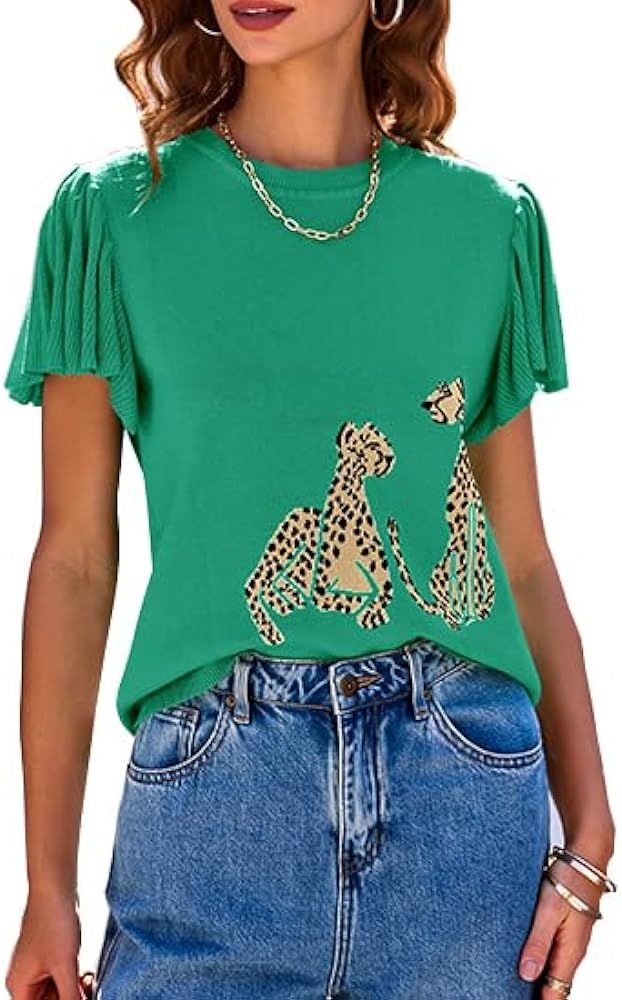 Saodimallsu Womens Ruffle Short Sleeve Tops Cheetah Print Lightweight Sweater Crew Neck Summer Cr... | Amazon (US)