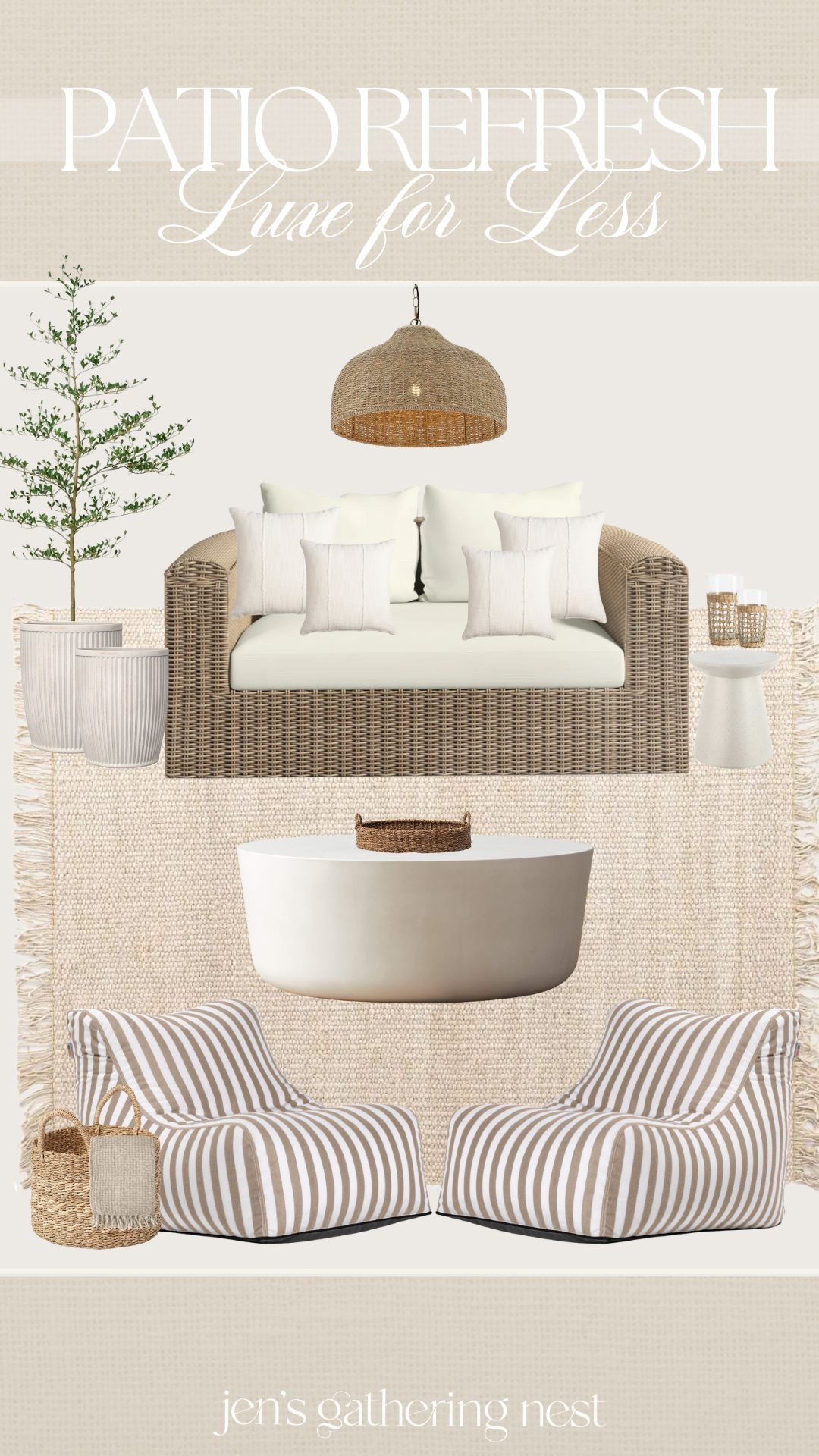 LUXE FOR LESS — outdoor inspo 🤎

#outdoor #outdoorinspo #patio #backporch #outdoorfurniture #rug #planter #fauxtree 

#LTKSeasonal #LTKSaleAlert #LTKHome