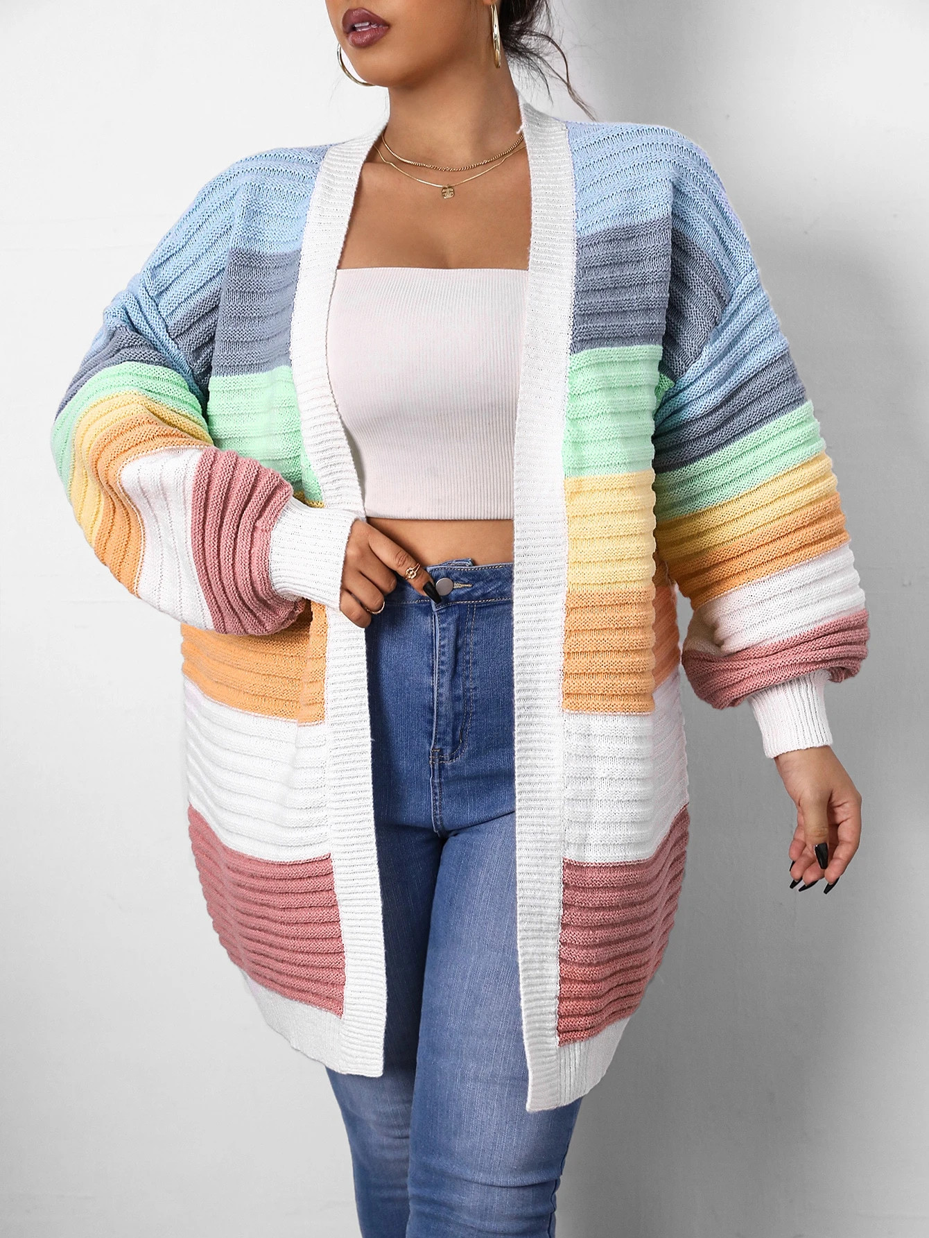 SHEIN Qutie Plus Color Block Drop Shoulder Duster Cardigan | SHEIN