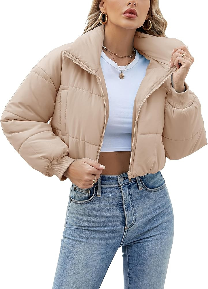 Tiko Miko Womens Cropped Puffer Jacket Coat Warm Stand Collar Zip Closure Quilted Jacket with Poc... | Amazon (US)