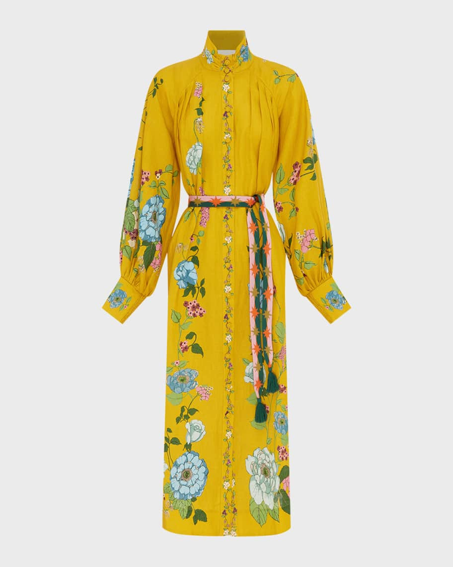 ALEMAIS Dana Floral Linen Tie-Belt Midi Shirt Dress | Neiman Marcus