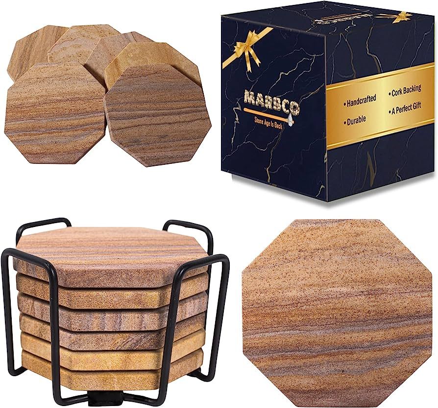 Marbco Sandstone Water Absorbent Hand Crafted Octagon Coasters with Holder for Drinks 4 Inches Wi... | Amazon (US)