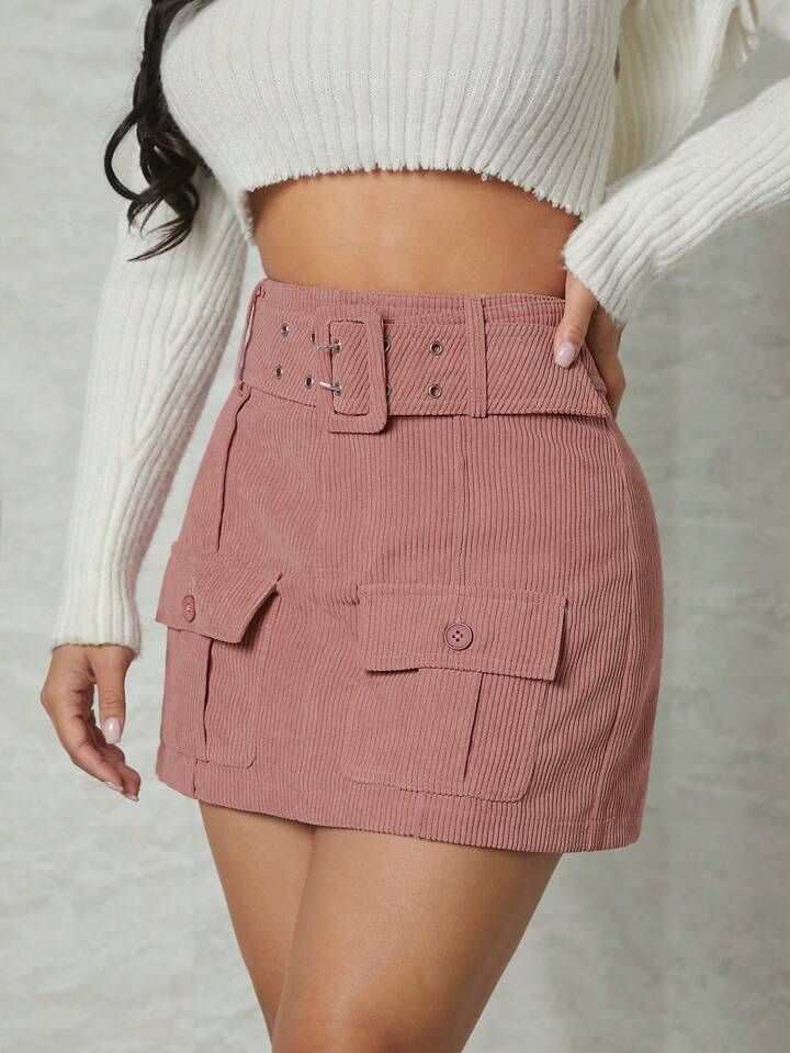 LARAMEE Corduroy Belted Cargo Mini Skirt | SHEIN