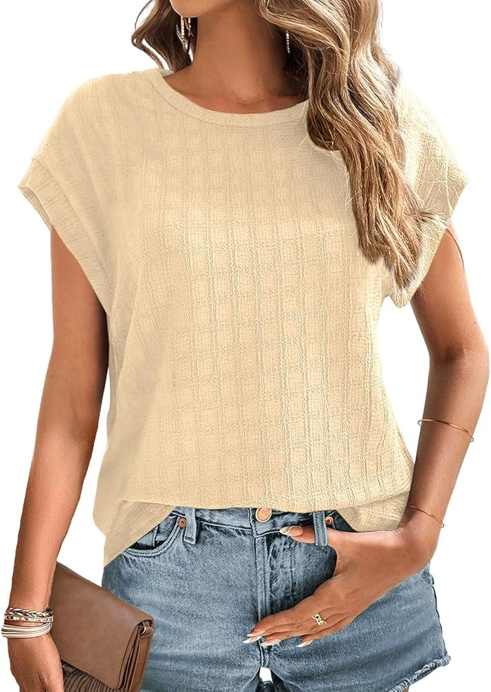 Dokotoo Tops for Women Trendy Summer Casual Cap Short Sleeve Basic Textured Solid Color Round Nec... | Amazon (US)