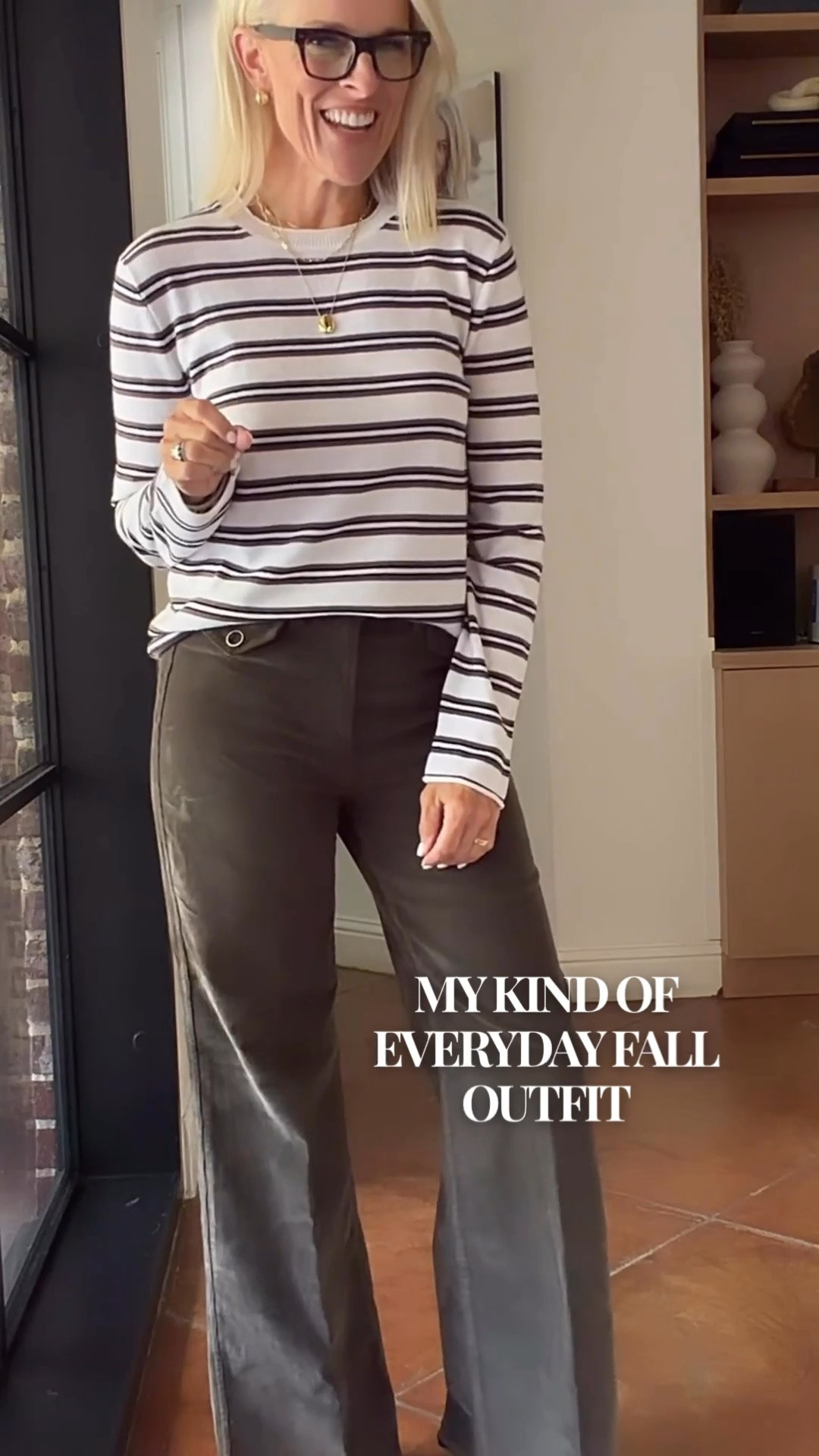 A lightweight cashmere striped sweater and deep green corduroy trousers make such an easy fall combination. I sized up to a medium in the sweater for a little more ease, and I’m wearing a size 27 in the trousers in the regular length.

I love the contrast of the classic stripes with the rich green trousers—it feels polished but still very comfortable for everyday wear. I also added a crossbody bag here, but it can easily be carried without the strap.

#LTKootd #LTKgrwm #LTKOver40