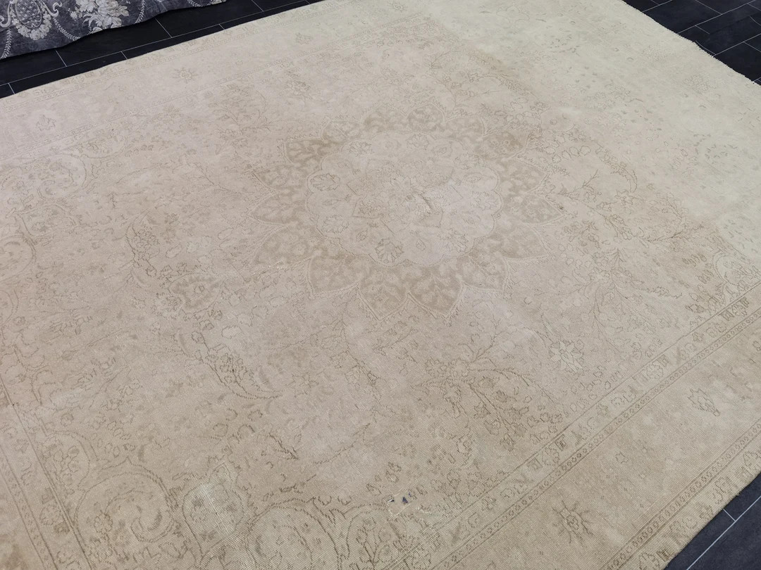 Large Vintage Rug 9.60'x12.53'// Wool Muted Rug, Neutral Turkish Rug, Neutral Oushak Rug, Faded C... | Etsy (US)