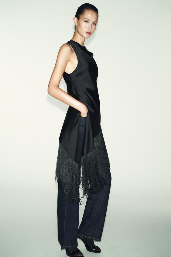 FLOWY SATIN EFFECT FRINGED TOP | Zara US