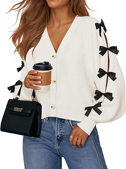 ZESICA Fall Bow Cardigans for Women Trendy 2025 Casual Long Sleeve Button V Neck Knit Sweater Out... | Amazon (US)