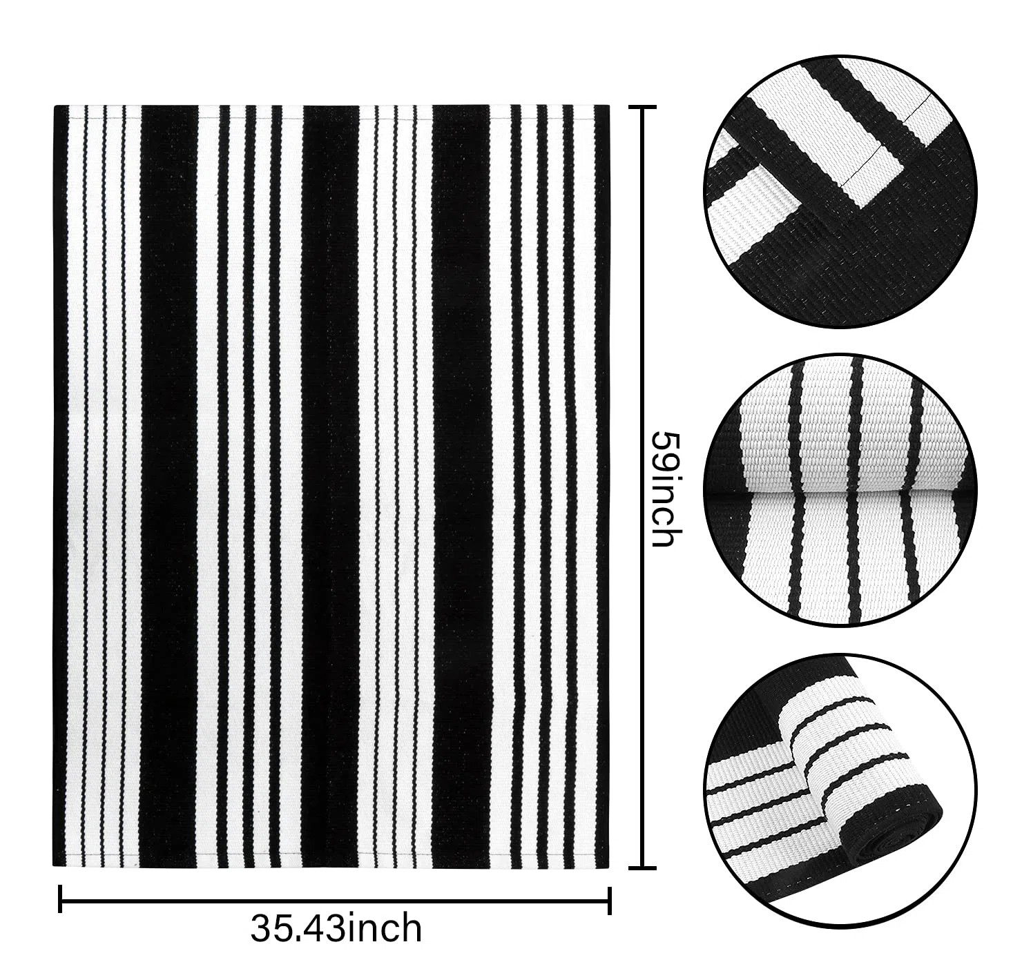 Latitude Run® Black And White Outdoor Rug 3 X 5 Ft Cotton Hand-Woven Striped Porch Rug Machine W... | Wayfair North America