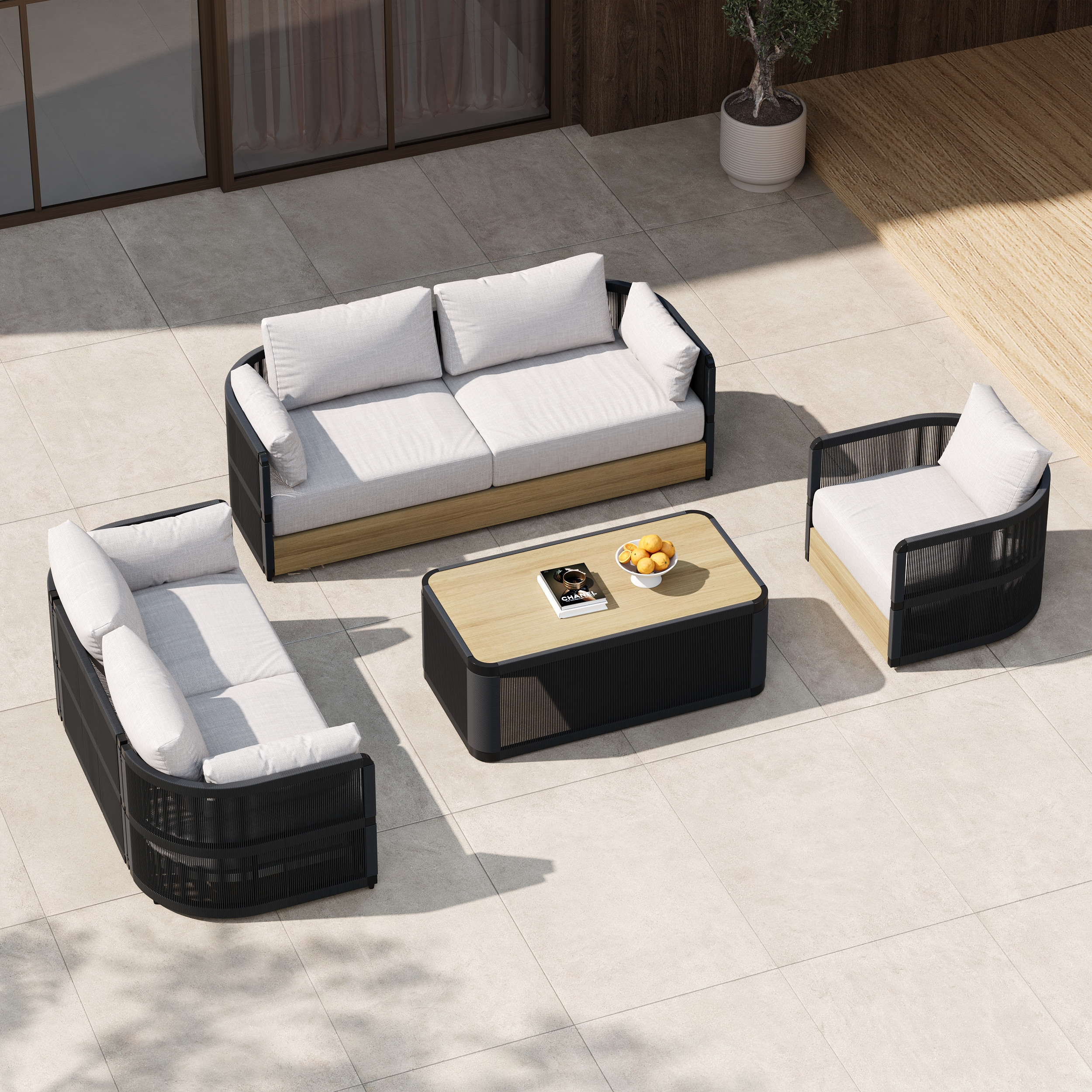 Costra 4-Piece Outdoor Rope Weave Swivel Sofa Set With Coffee Table In Black For 6
 | Homary