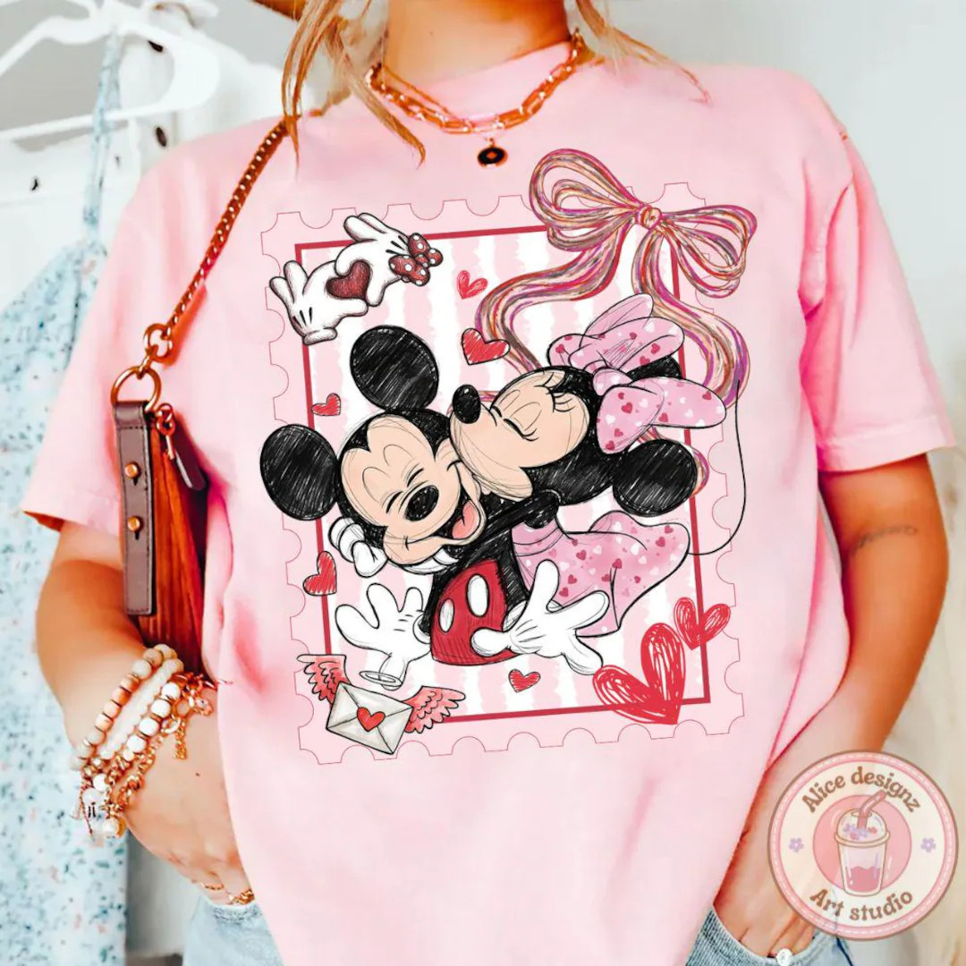 Coquette Mickey Minnie Disney Valentine Stamps Shirt, World Disneyland Valentine Shirt, Sweethear... | Etsy (US)