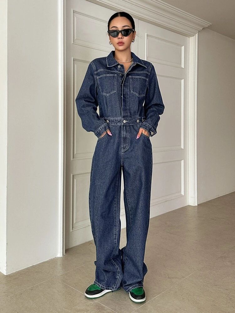 DAZY Pocket Patched Button Front Denim Shirt Jumpsuit | SHEIN