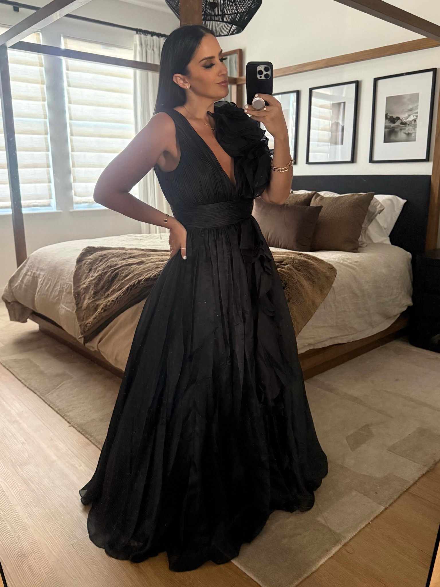 Ruffle Shoulder V-Neck Chiffon Gown wearing size 6