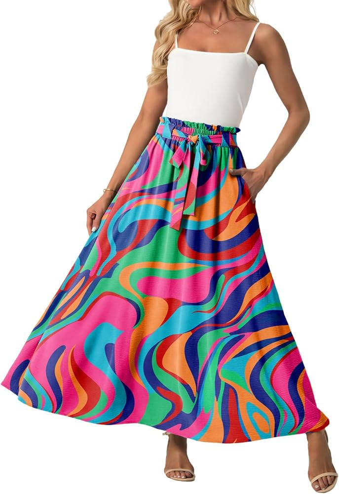 Lepunuo Womens Maxi Skirts Casual Boho Elastic High Waisted Flowy Long Skirts Trendy Floral Cute ... | Amazon (US)