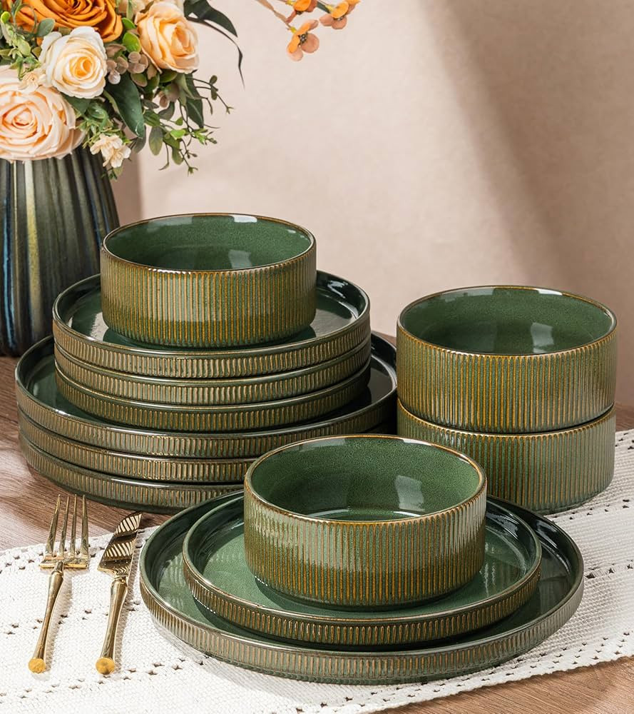 GBHOME Stoneware Dinnerware Sets for 4, 12 Pieces Ceramic Ribbed Plates and Bowls Set, Reactive G... | Amazon (US)
