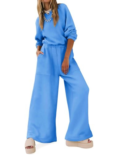 Yousify Womens Soft Fall Jumpsuits Crewneck Long Sleeve Sweatpants Romper Oversized One-Piece Blue XL | Amazon (US)