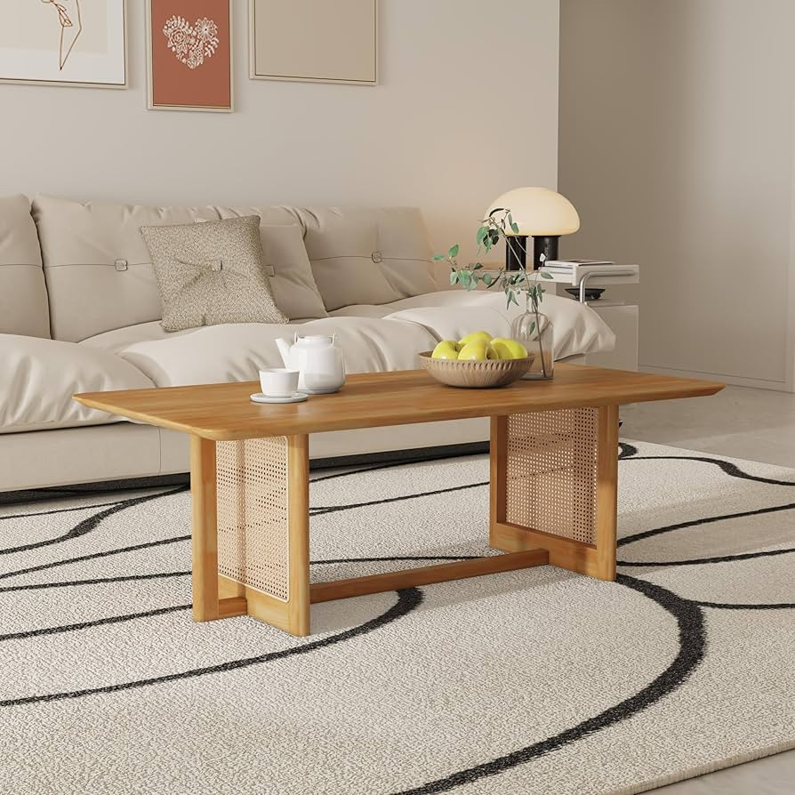 TesNus Solid Wood Coffee Table for Living Room, Boho Rectangle Coffee Table with Wood Top and Rat... | Amazon (US)