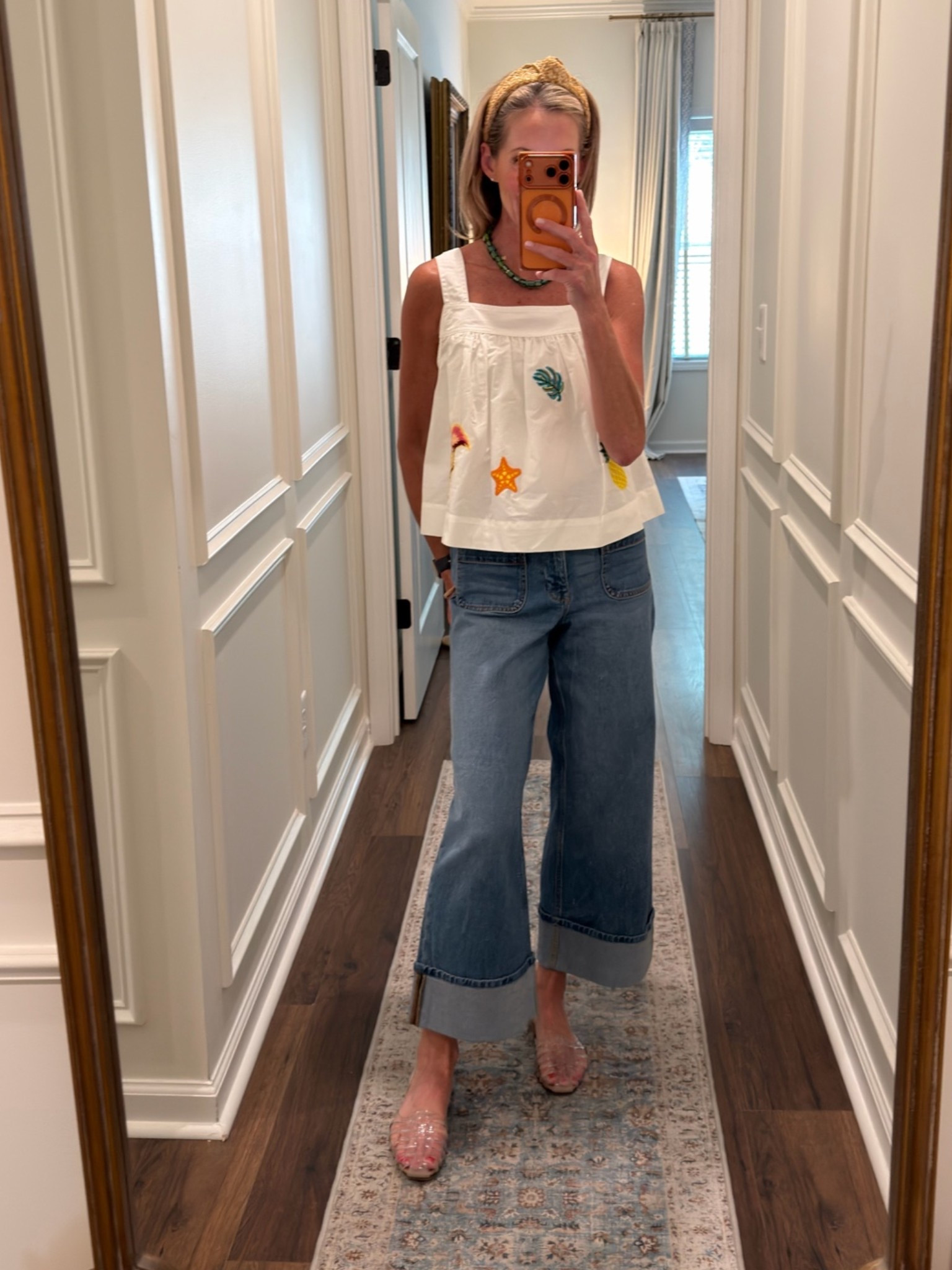 Today’s ootd - Walmart cute embroidered square neck top. Walmart denim all under $30.  Extra small in top zero in jeans.