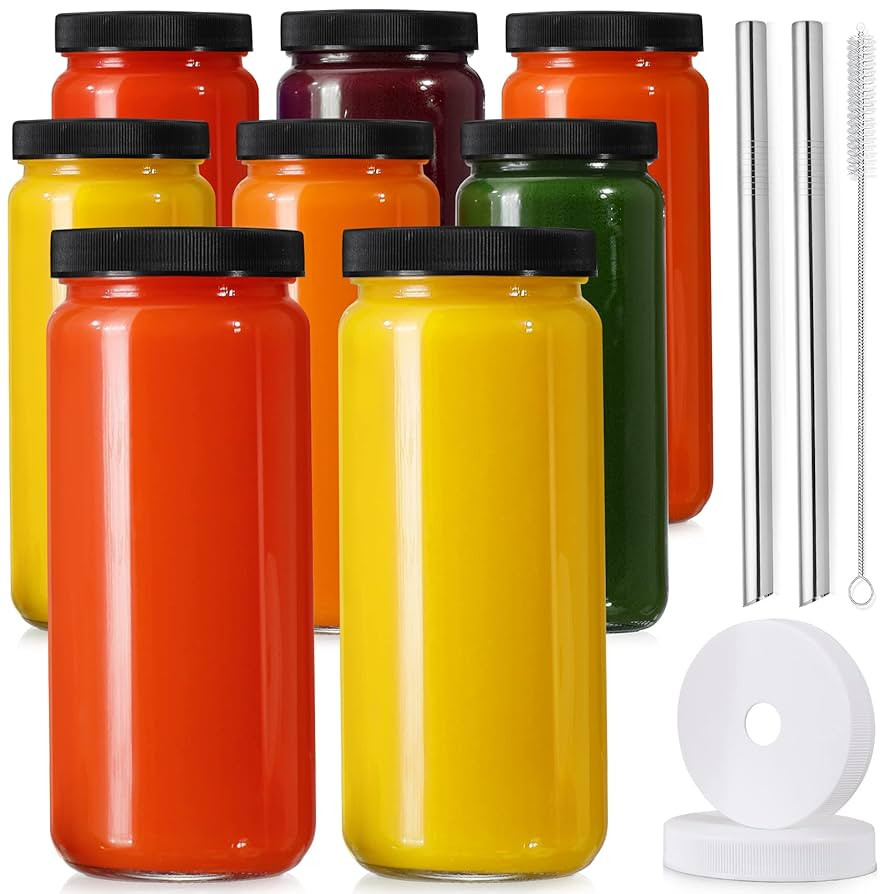 [ 8 Pack ] Glass Juicing Bottles with 2 Straws & 2 Lids w Hole- 16 OZ Travel Drinking Jars, Water... | Amazon (US)