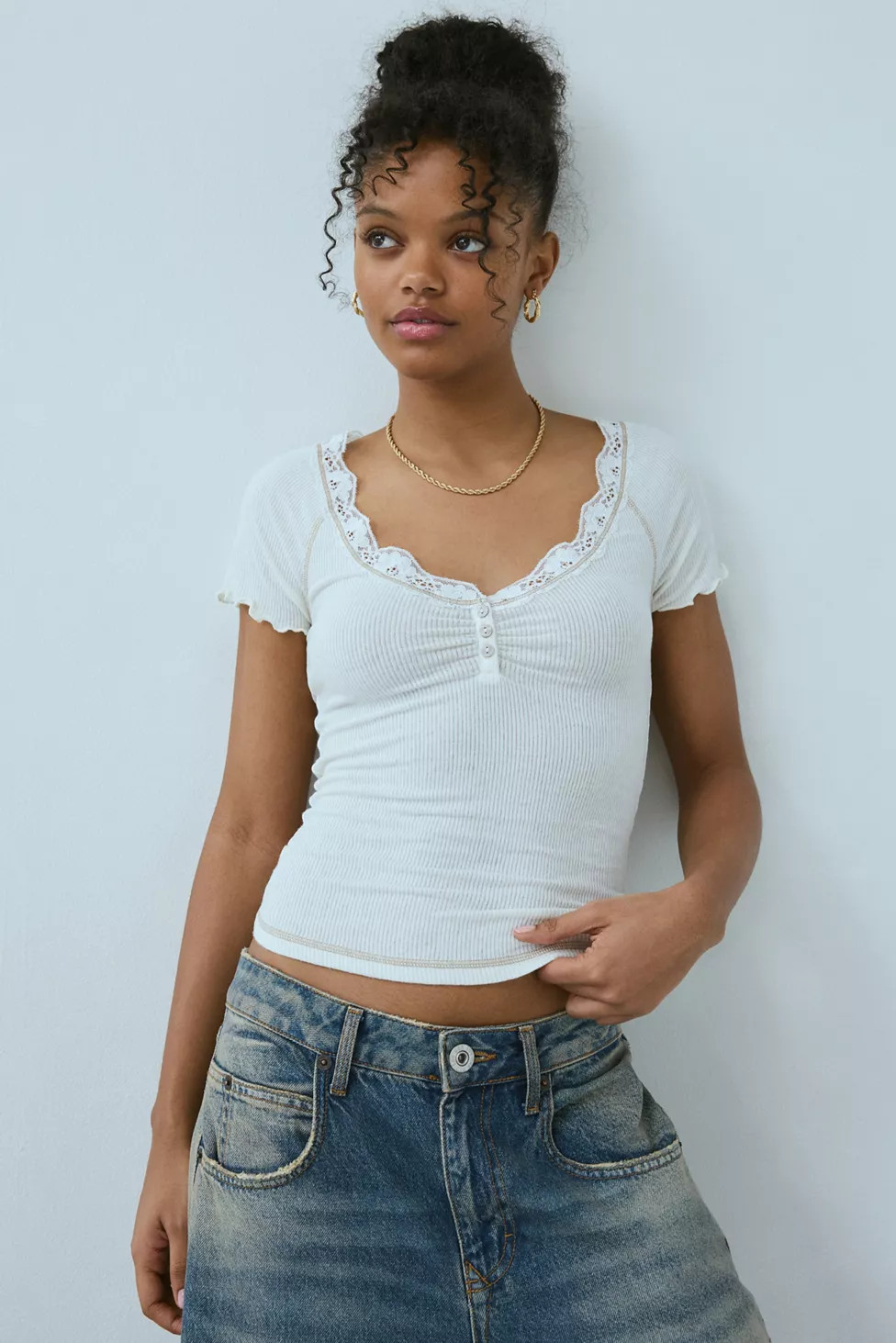 Out From Under Diana Layering Lace-Trim Henley Tee | Urban Outfitters (US and RoW)