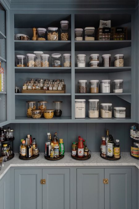 Moody Modern Traditional Pantry 🖤

Lazy Susan, glass canisters, oxo pop containers, wood spice tiered shelves, spice jars

#LTKhome #LTKSeasonal