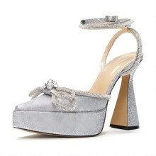 YIYA Women's Crystal Bow Platform High Heels Pointed Toe Chunky Heeled Pumps Ankle Strap Buckle Slin | SHEIN